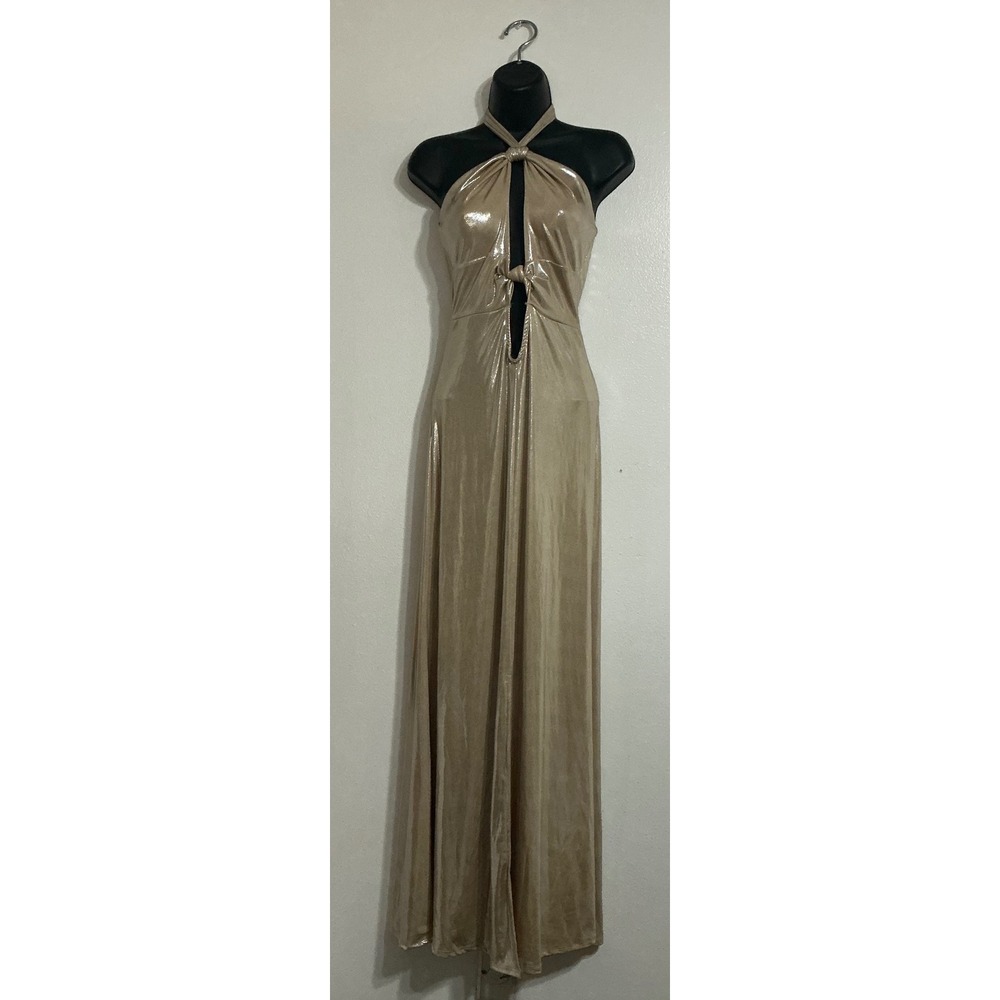 Fashion Nova Katia Metallic Champagne Halter Cutout Maxi Dress Size L Glam Party